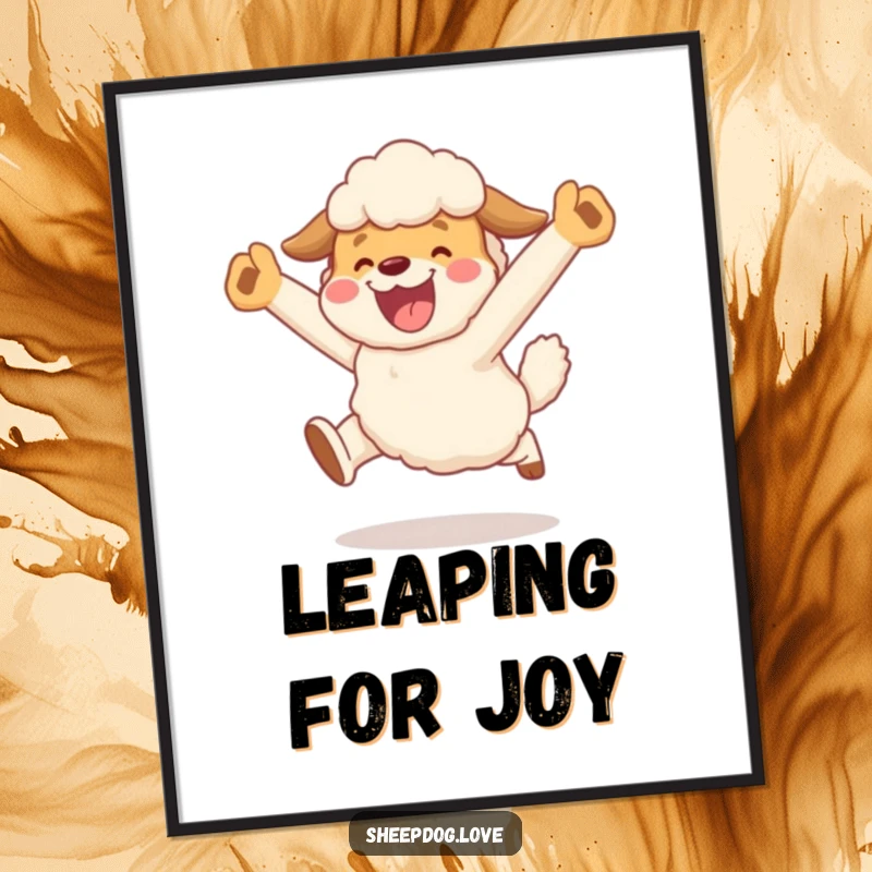 Funny poster showcasing a sheepdog character in a celebratory leap after successful herding, embodying dynamic and funny elation.