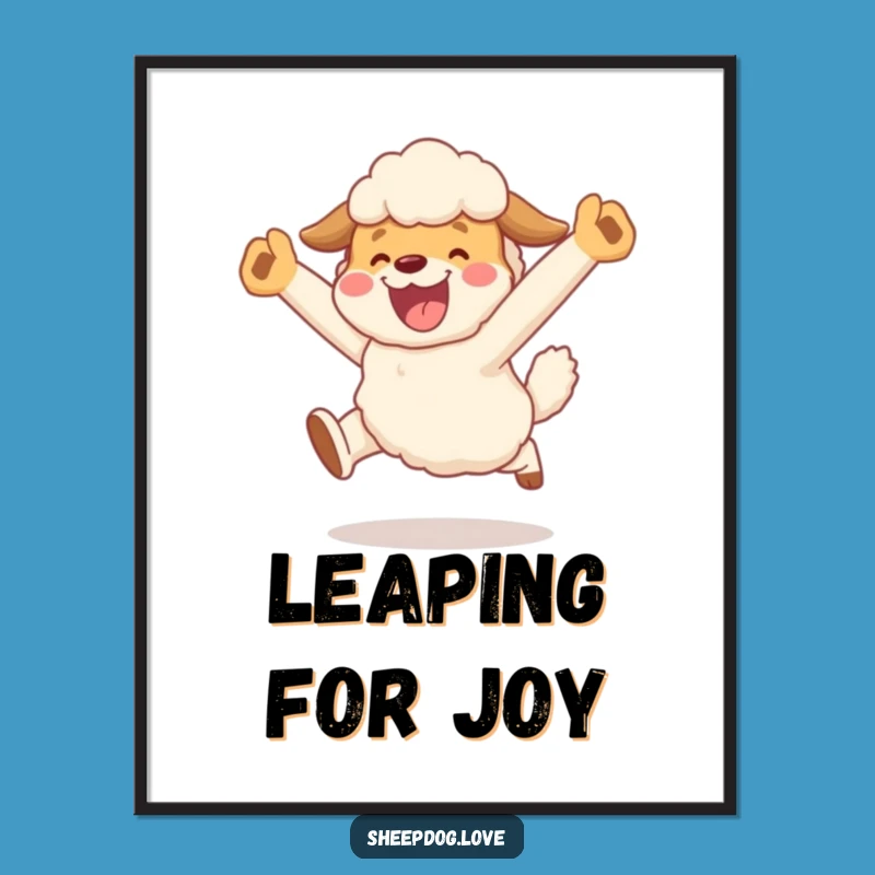 Funny Sheepdog Celebration Poster: Joyful Leap Art - Perfect Funny Gift!