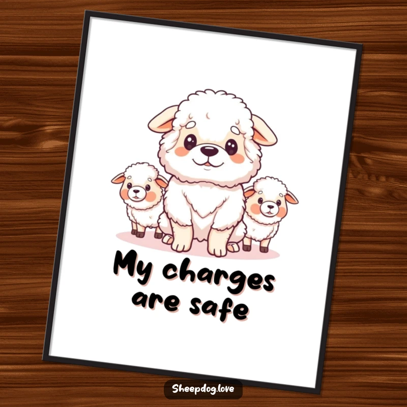 Funny poster showcasing a fluffy sheepdog looking proudly at its flock, embodying protective instincts and heartwarming humor.