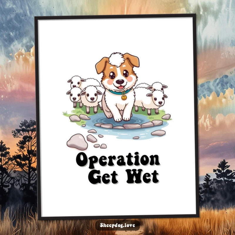 Funny Determined Sheepdog Poster depicting a focused sheepdog leading its flock across a stream, a charming piece of humorous art.