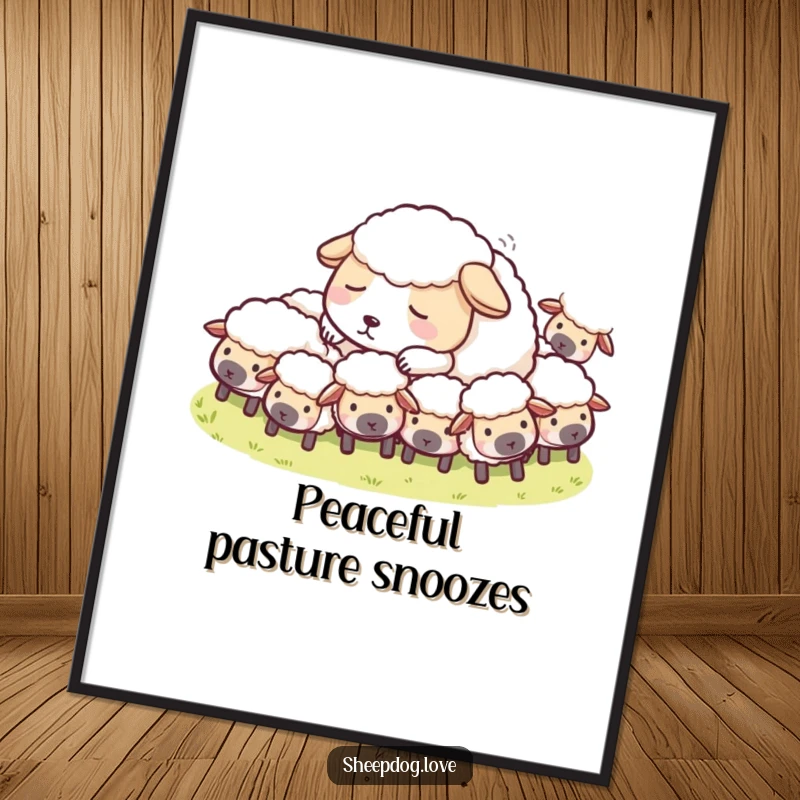 Funny Sheepdog Poster depicting a peaceful sheepdog napping amongst its flock of sheep, a charming piece of humorous wall decor.