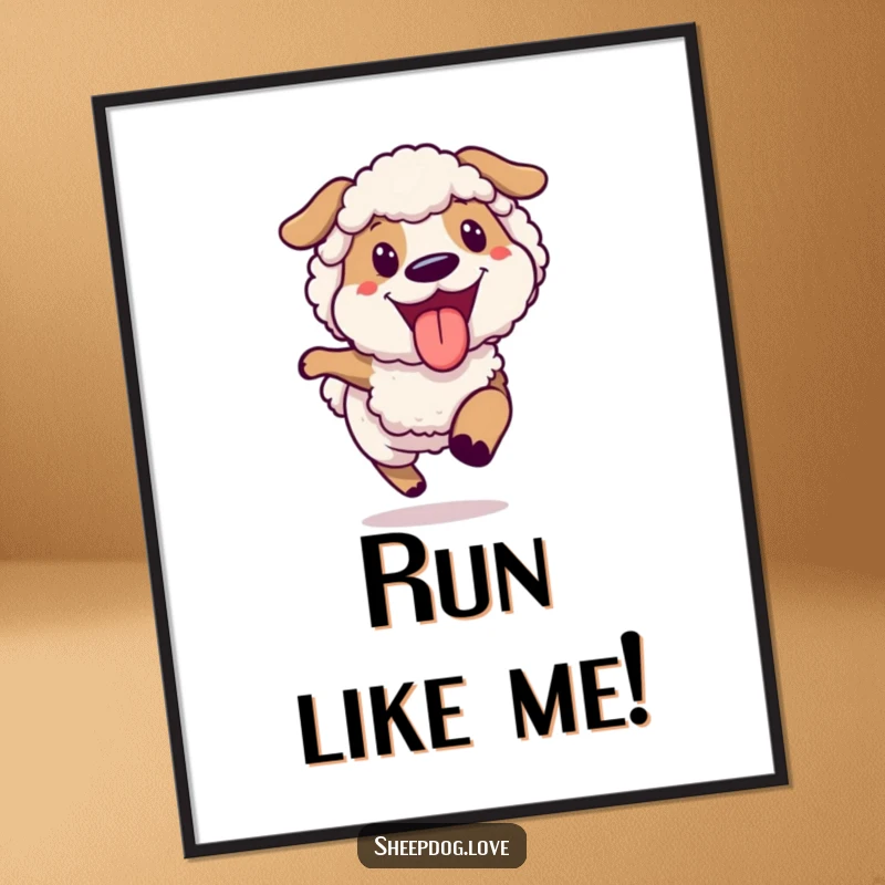 Funny joyful sheepdog running poster, a dog captured mid-run with a wide grin and tongue out.