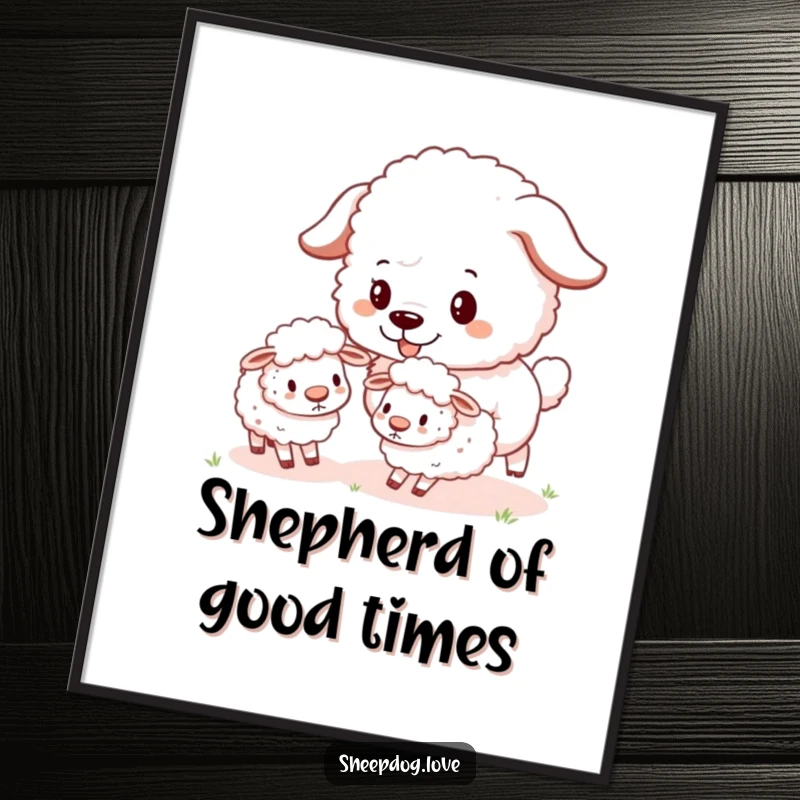 Funny Sheepdog Poster showing a fluffy sheepdog enthusiastically herding a group of small, bouncy sheep in a playful manner.