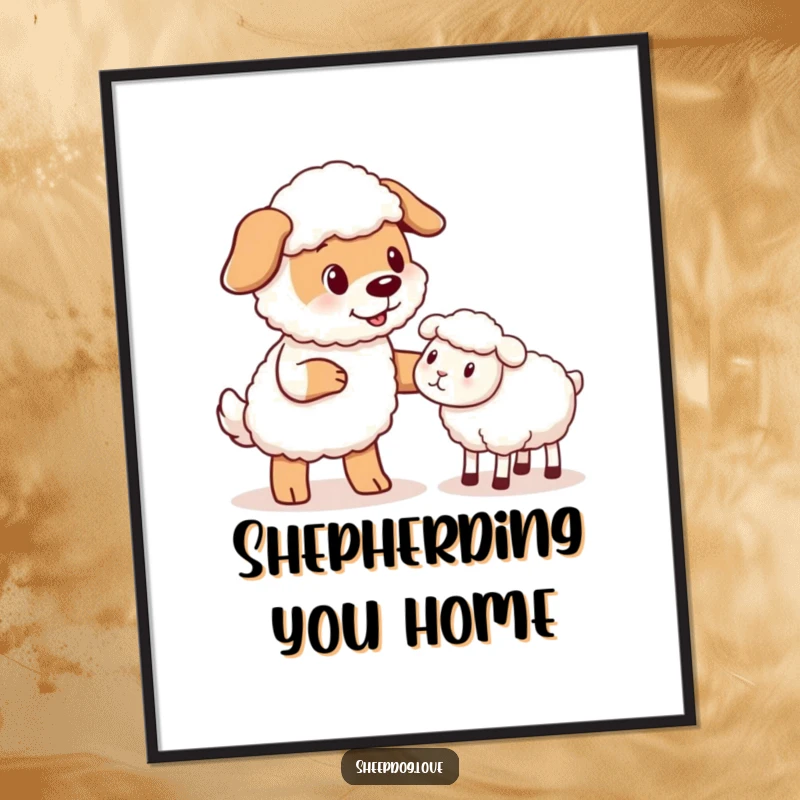 Funny Sheepdog Poster: A delightful print of a sheepdog giving a gentle nudge to a stray sheep, adding humor to decor.