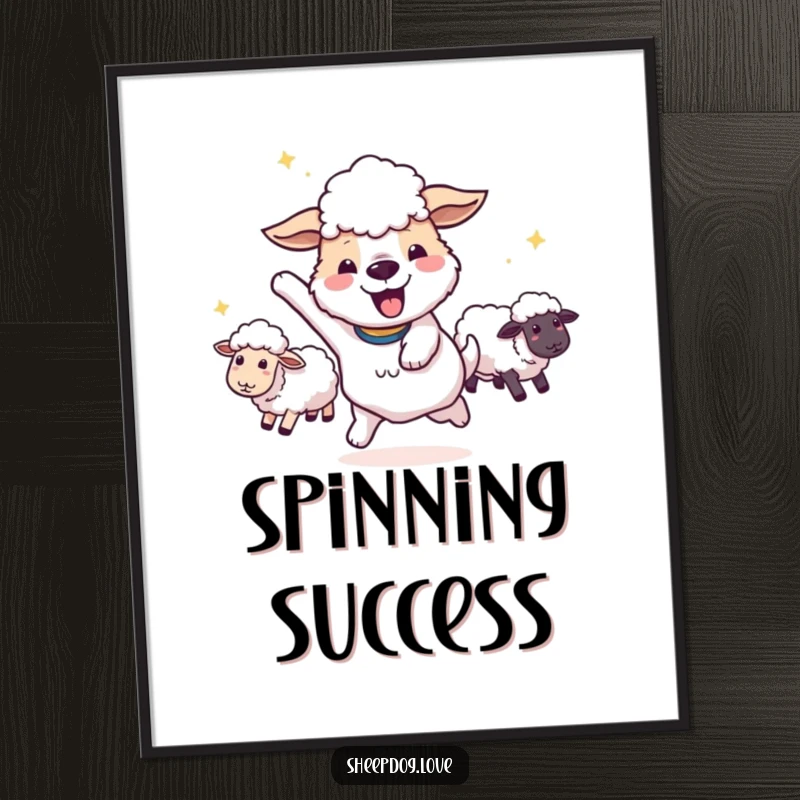 Funny happy sheepdog doing a victory spin with sheep following on a poster, capturing pure elation.