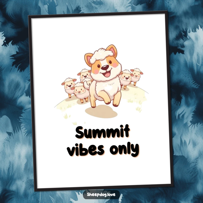 Funny Sheepdog Poster: A sheepdog with a wide, happy grin confidently leading a flock of sheep up a hill.