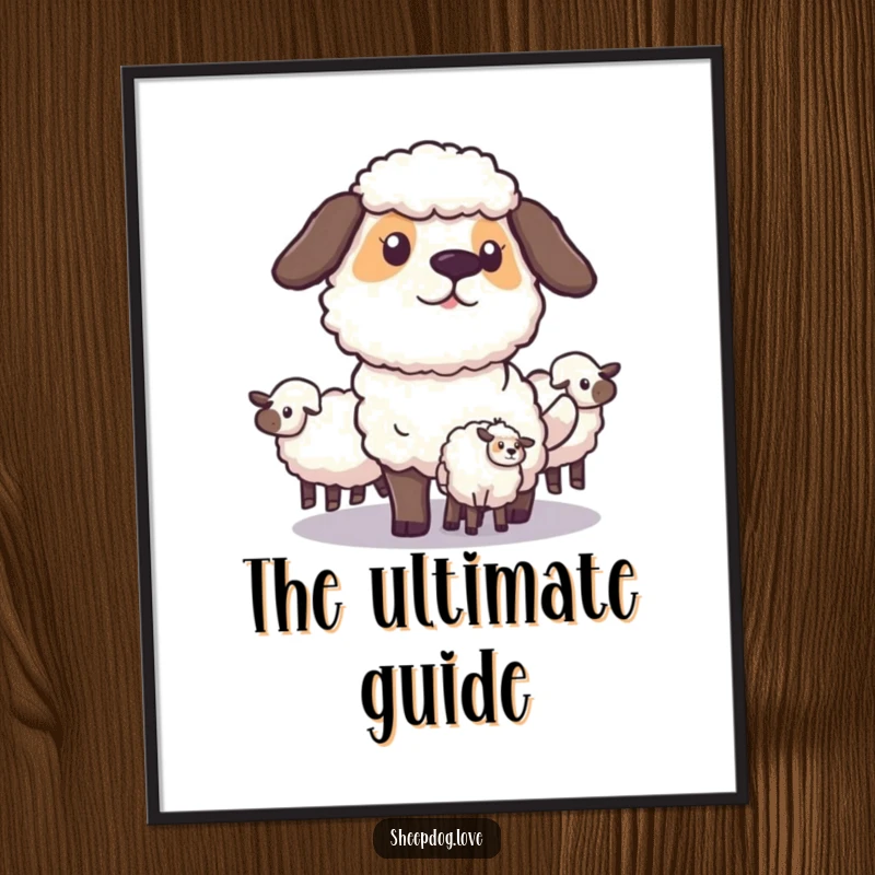 Funny Sheepdog Poster: A focused sheepdog strategically maneuvers to guide sheep, showcasing intelligence and purpose, making a humorous and inspiring wall art.