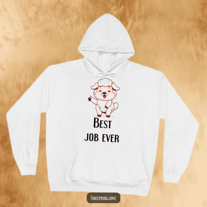 Funny sheepdog hoodie featuring a proud dog wagging its tail, offering warmth and a humorous tribute to canine companions.