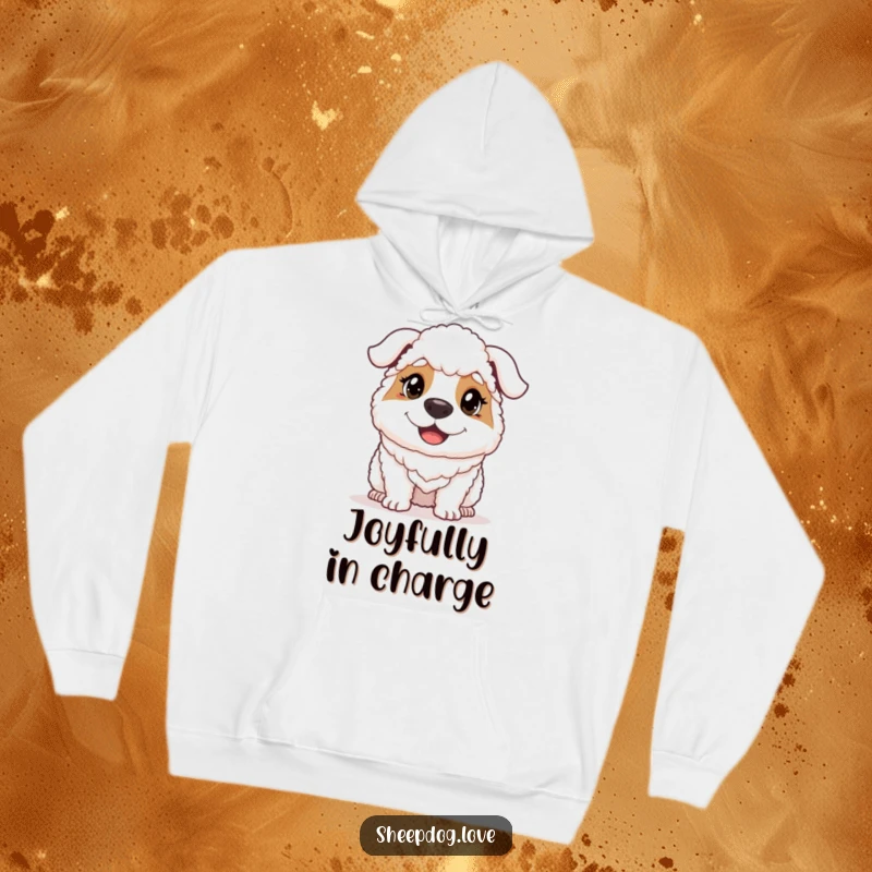 Funny sheepdog’s joyful and determined face featured on a soft, warm hoodie for ultimate comfort and humor.
