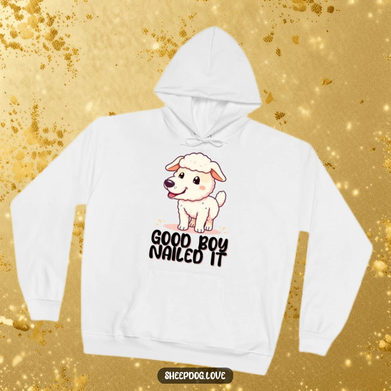 Funny sheepdog hoodie depicting a happy, tail-wagging sheepdog embodying success and contentment after a completed task.