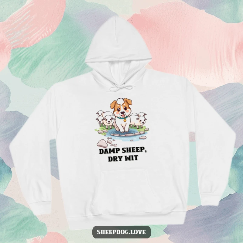Funny Determined Sheepdog Hoodie showing a focused sheepdog guiding sheep across a stream, conveying purpose and humor.