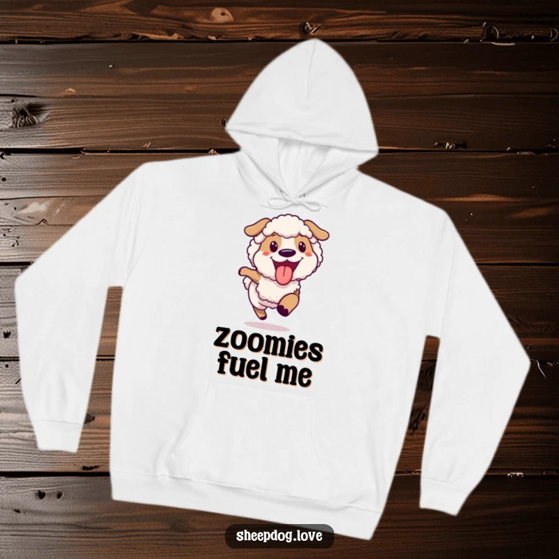 Funny joyful sheepdog running hoodie, a happy dog with its tongue lolling out, depicted in motion.