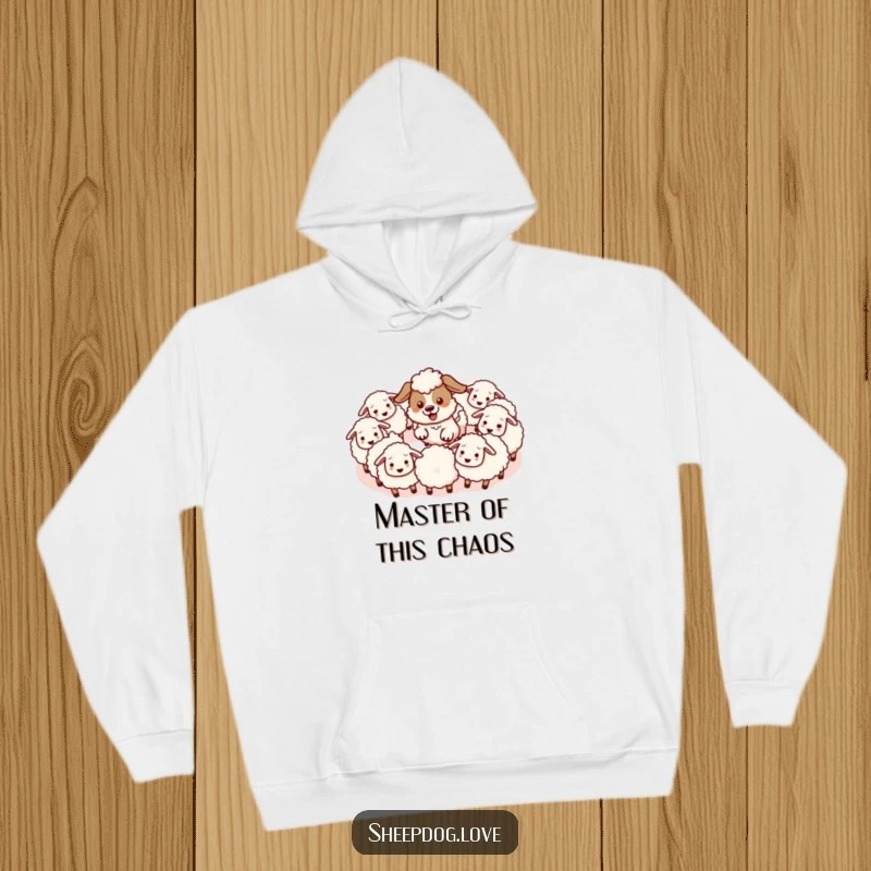 Funny hoodie showcasing an energetic kawaii sheepdog herding fluffy sheep in a circle, radiating adorable fun and cozy warmth.