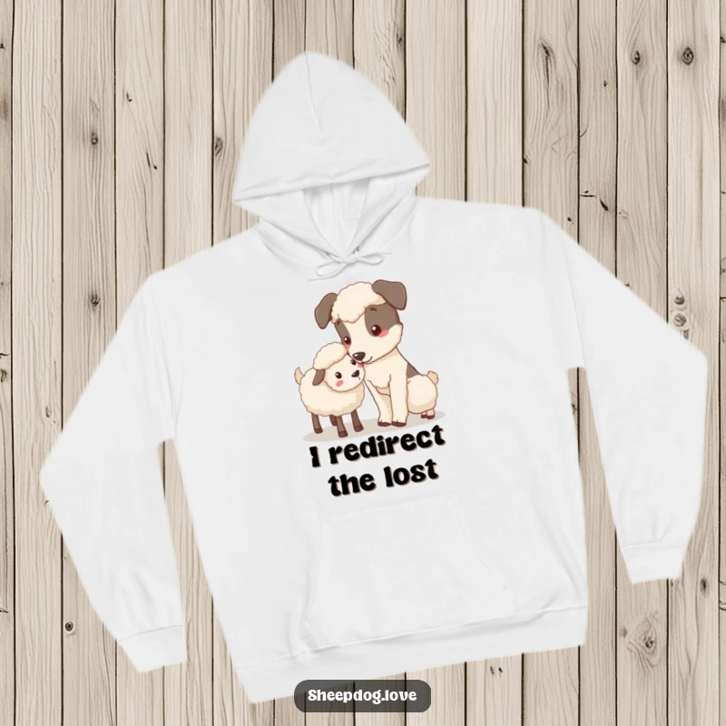 Funny Nudging Sheepdog Hoodie featuring a sheepdog gently nudging a stray sheep, symbolizing care and comfort.