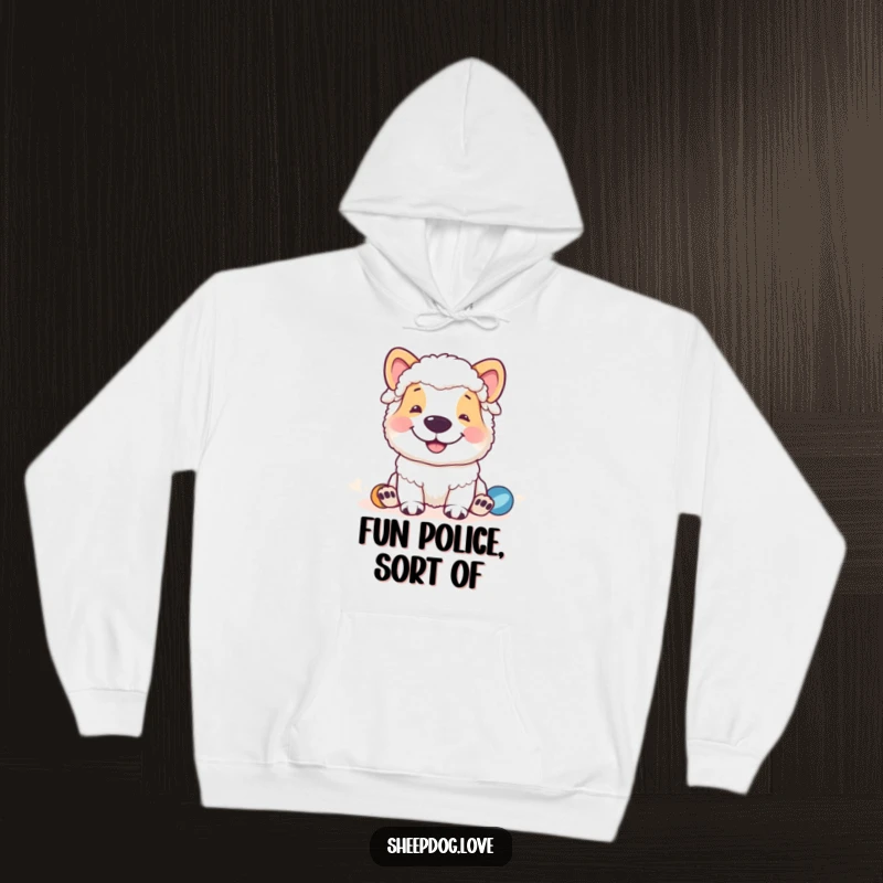 Funny sheepdog hoodie with a grinning sheepdog overseeing playtime, a warm and humorous design for dog lovers.