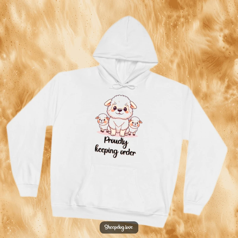 Funny hoodie showcasing a fluffy sheepdog looking proudly at its flock, perfect for cozy, humorous, and loving wear.
