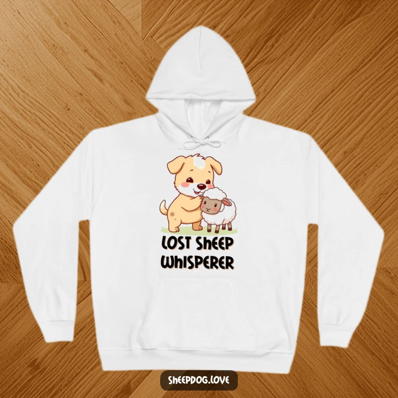 Funny sheepdog herding a stray sheep back to the flock on a hoodie, offering warmth and appreciation.