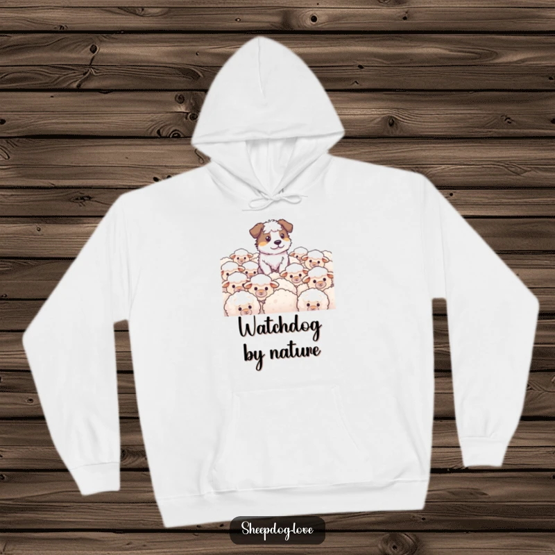 Funny Sheepdog Hoodie depicting a diligent sheepdog intently observing a field full of fluffy sheep, exuding warmth and humor.