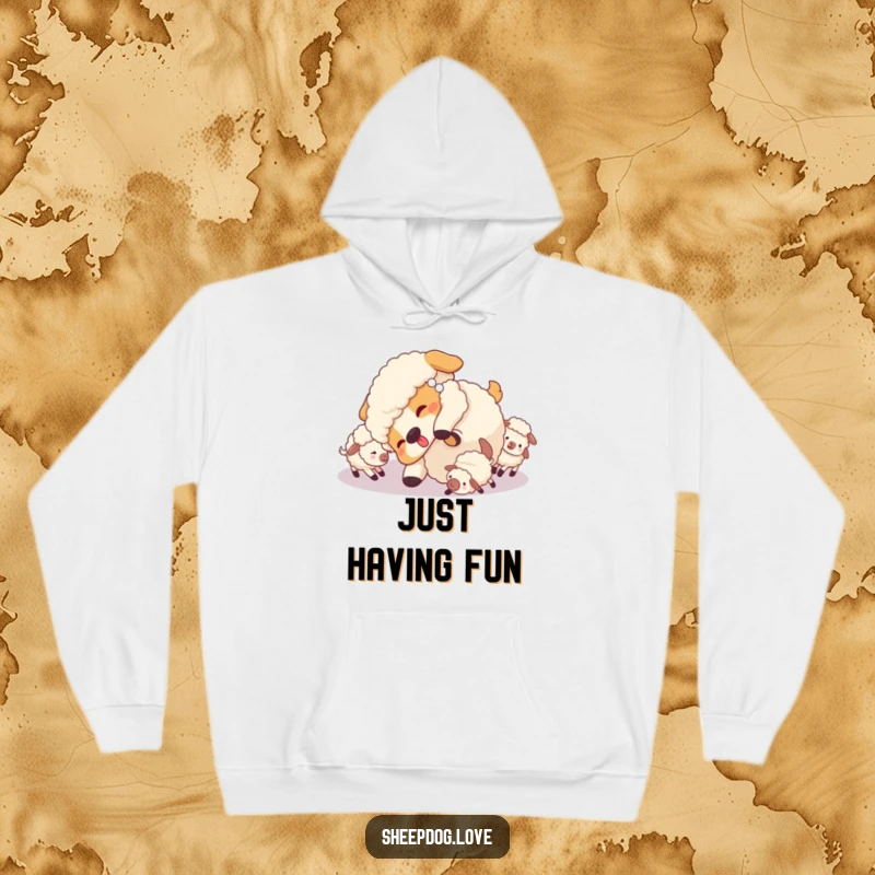 Funny Sheepdog Hoodie: A sheepdog doing a playful tumble, surrounded by a flock of small sheep, full of fun.