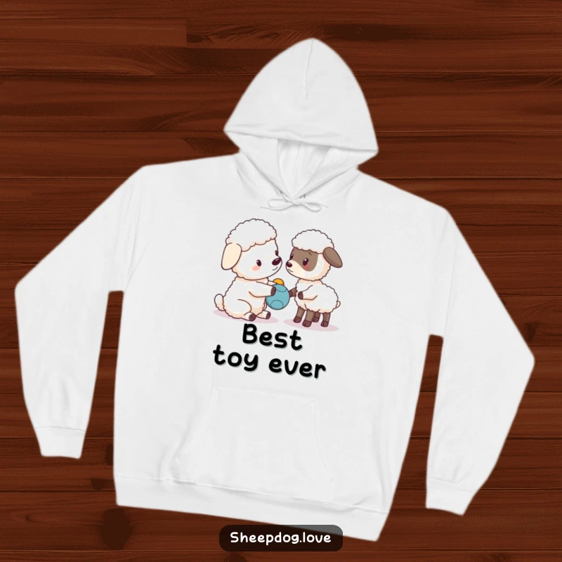 Funny sheepdog character presenting a toy to a curious lamb, cozy hoodie design.