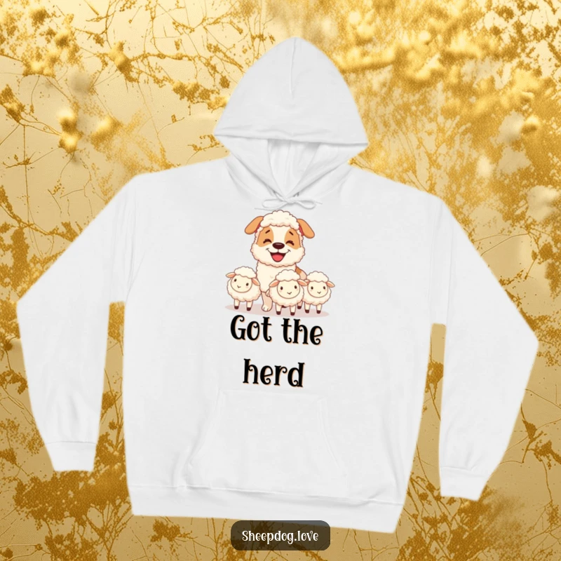 Funny hoodie with a grinning sheepdog herding fluffy sheep, offering warmth and a humorous touch for dog lovers.