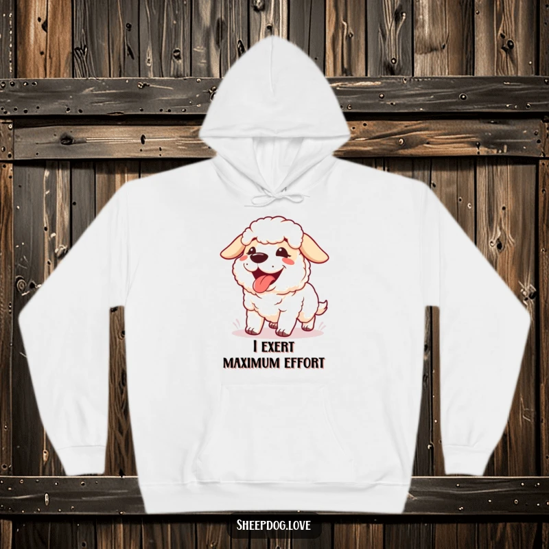Funny Panting Sheepdog Hoodie featuring a contented sheepdog panting happily with its tongue out after a satisfying run.