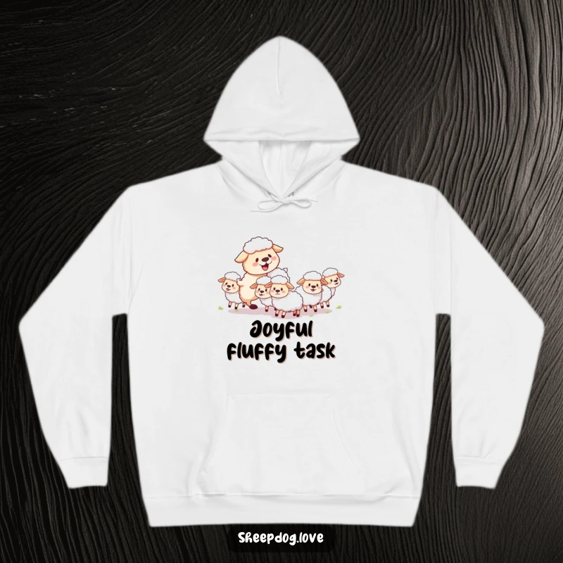 Funny sheepdog hoodie featuring a fluffy herding dog playfully guiding sheep with evident joy and a happy, energetic demeanor.