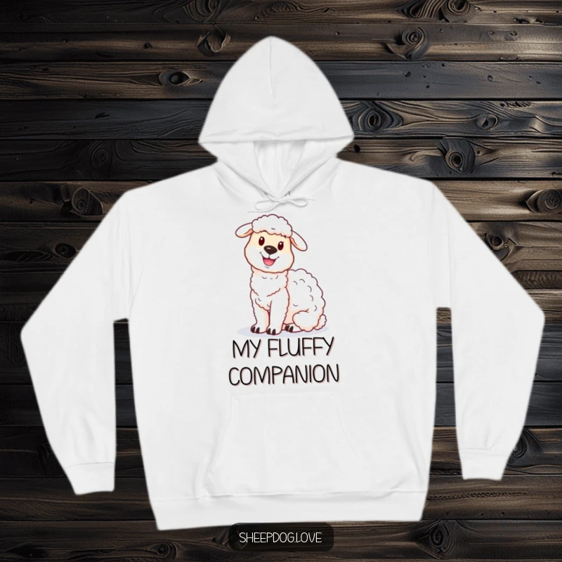 Funny sheepdog hoodie showing a loyal sheepdog sitting proudly beside a delightful, fluffy sheep.