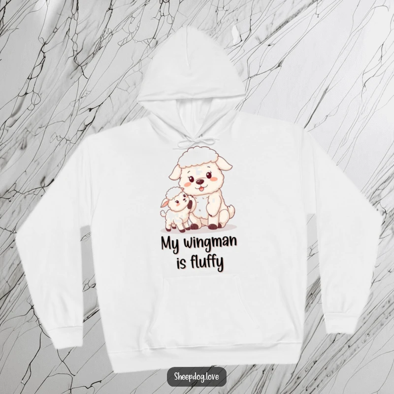 Funny sheepdog and curious lamb design on a hoodie, perfect for cozying up with farm animal affection.