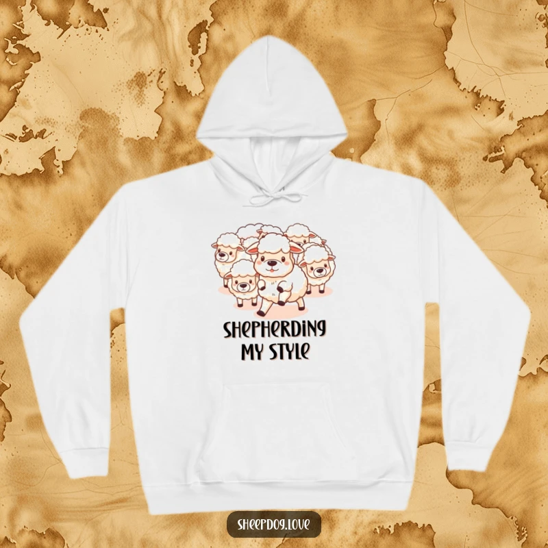 Funny Hoodie: Fluffy sheepdog herding sheep, radiating farm humor and canine dedication, perfect for a funny gift.