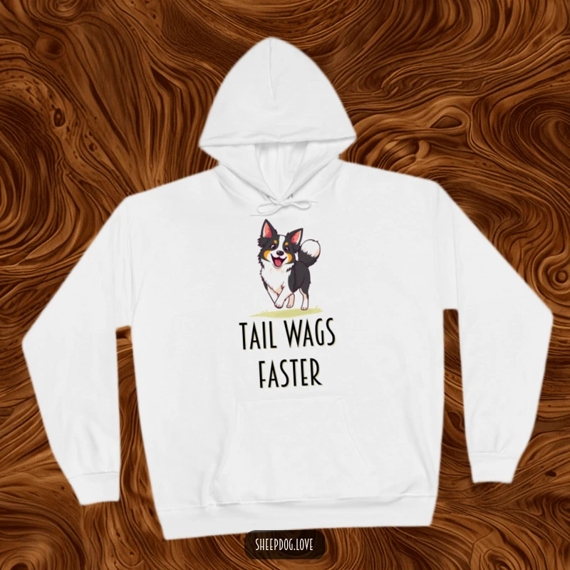 Funny border collie hoodie featuring an enthusiastic herding dog with a wagging tail, embodying the fun and energy of canine companionship.