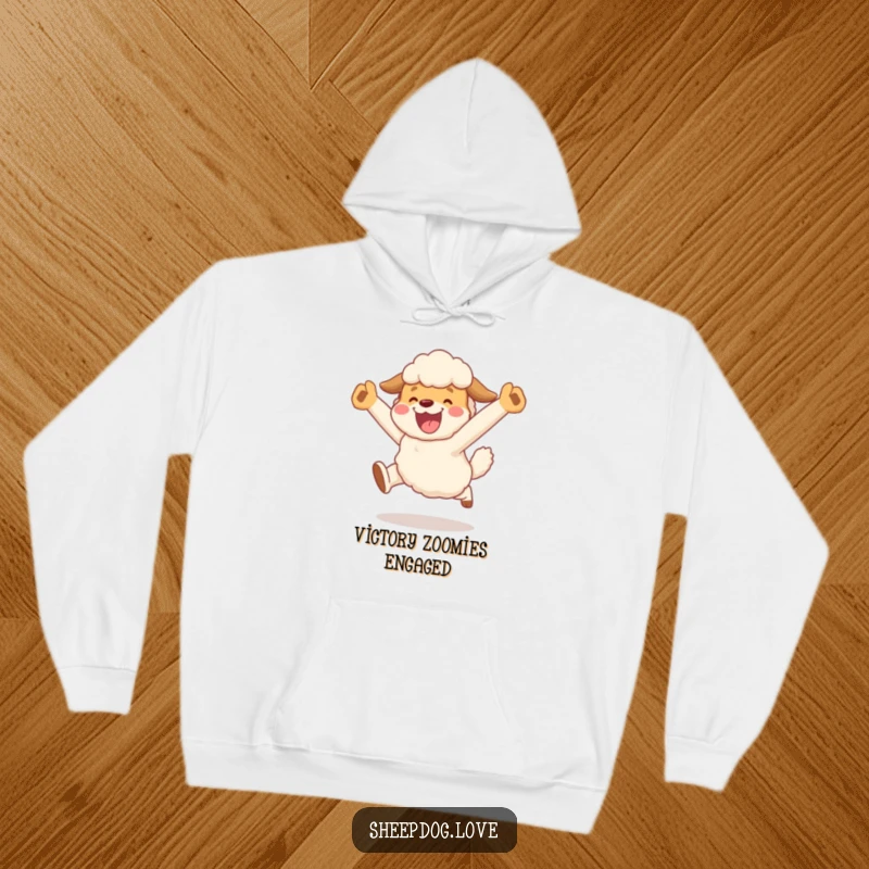 Funny hoodie showcasing a sheepdog character in a joyful, celebratory leap after herding, perfect for cozy, triumphant, and funny wear.