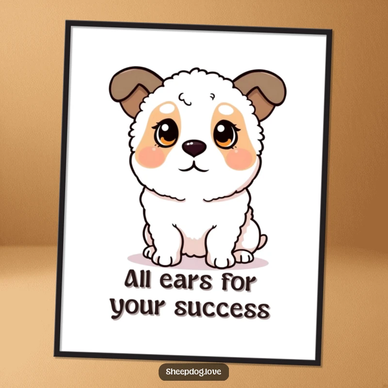Funny free printable wall art of a sheepdog with comically perked ears, appearing to be listening to a secret.