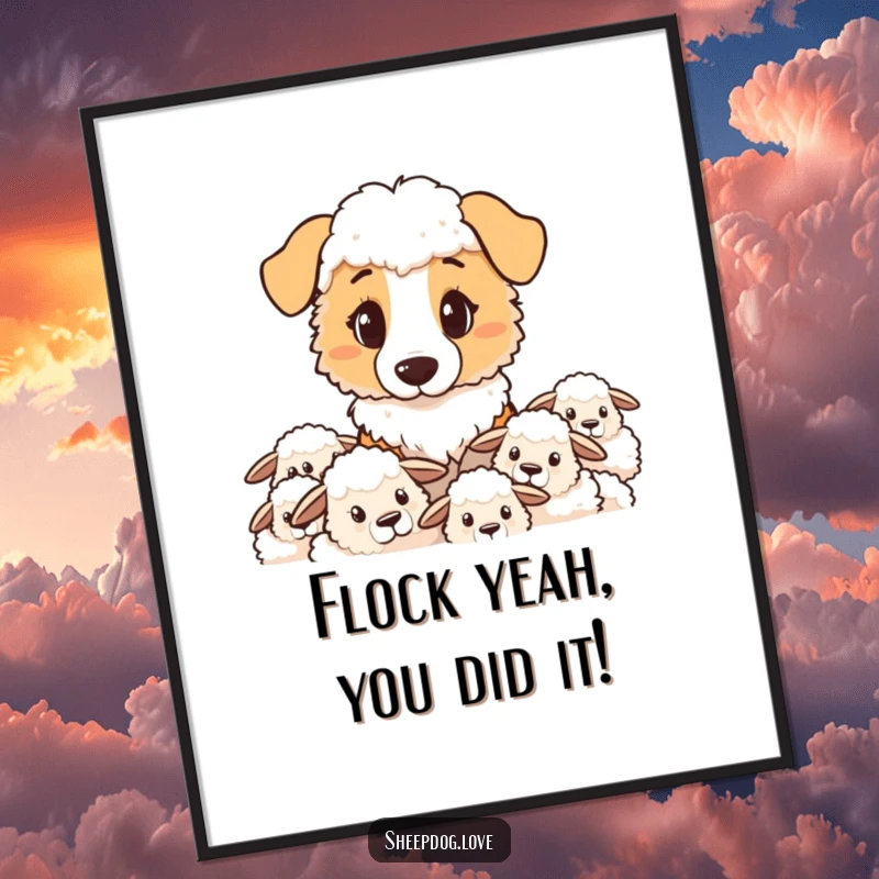 Funny Free Printable Wall Art: A sheepdog with a serious, determined gaze surveys its flock with watchful eyes.