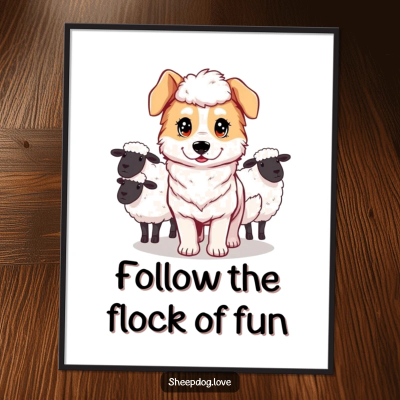 Funny Free Printable Wall Art: A determined sheepdog intently guides a flock of fluffy sheep with focus.