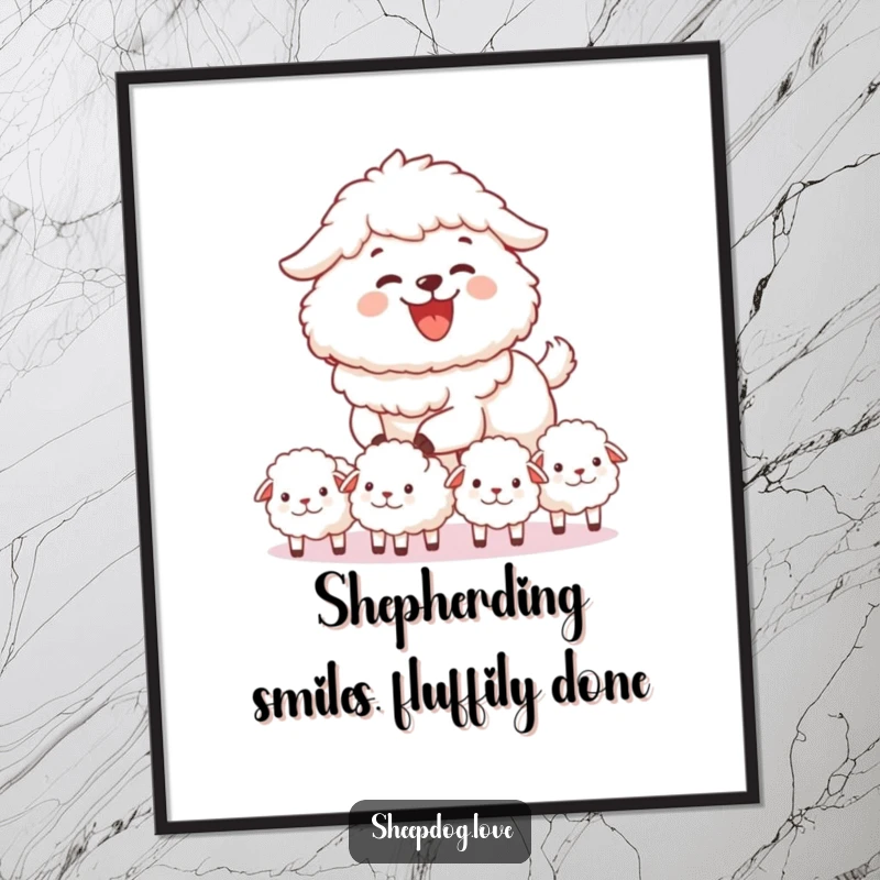 Funny Free Printable Wall Art: A fluffy sheepdog joyfully herds a line of small, fluffy sheep in a charming scene.