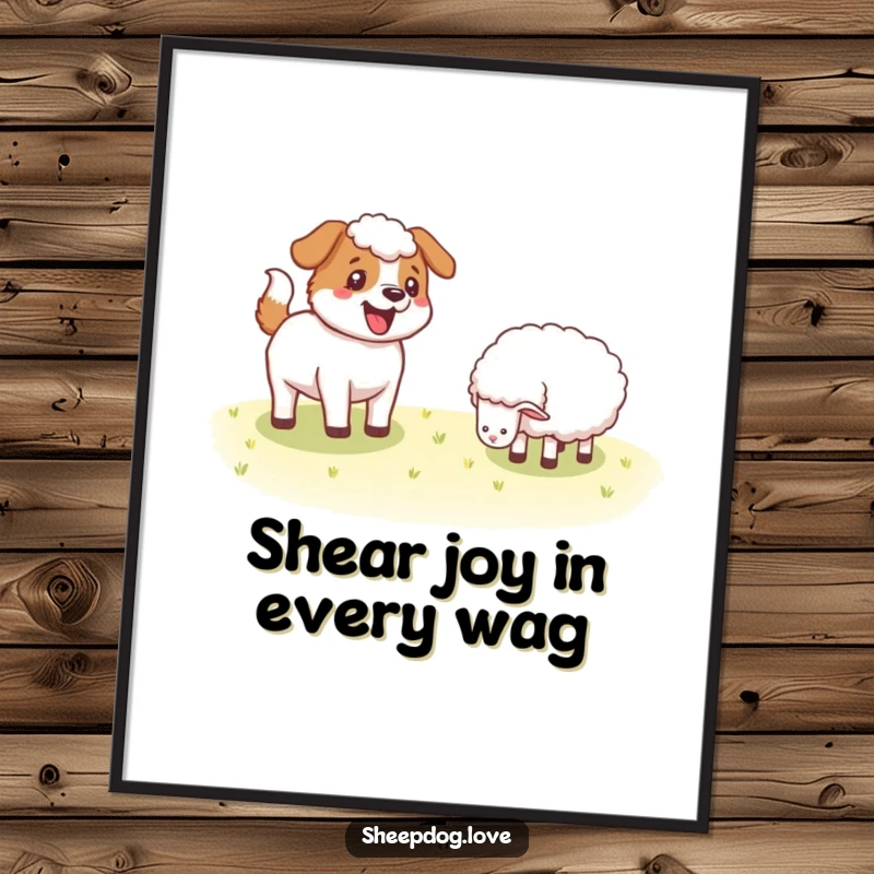 Funny Free Printable Sheepdog Wall Art: A joyful sheepdog with an energetically wagging tail stands near a peacefully grazing sheep.