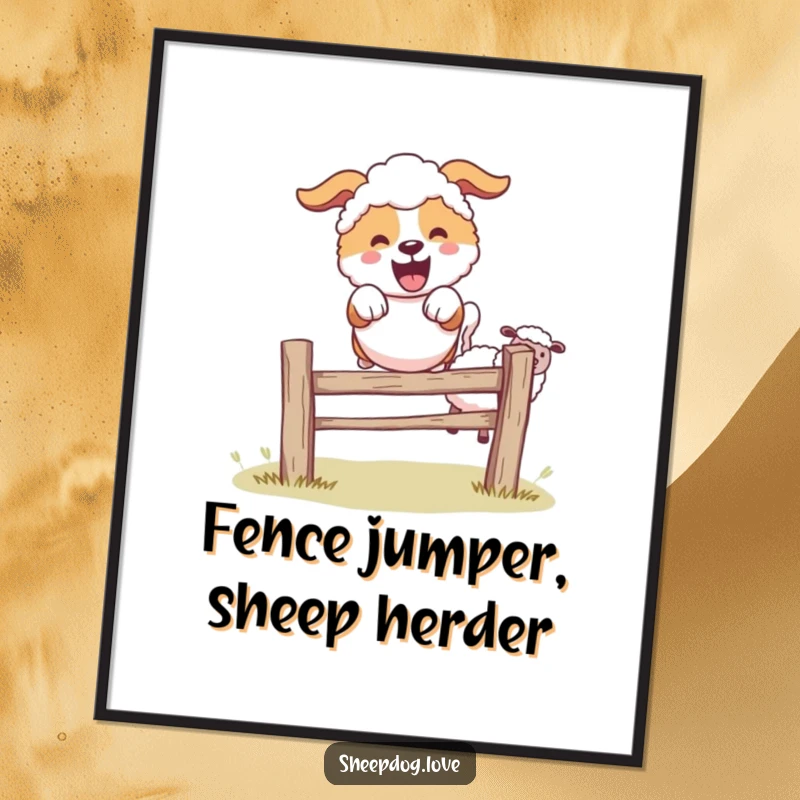 Funny Free Printable Wall Art: A dynamic sheepdog energetically leaping over a small fence, with a flock of sheep in the background.