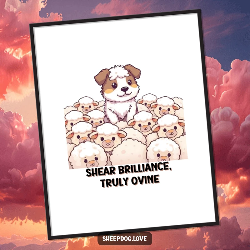 Funny Free Printable Sheepdog Wall Art featuring a diligent dog watching over a whimsical field of fluffy sheep, downloadable decor.