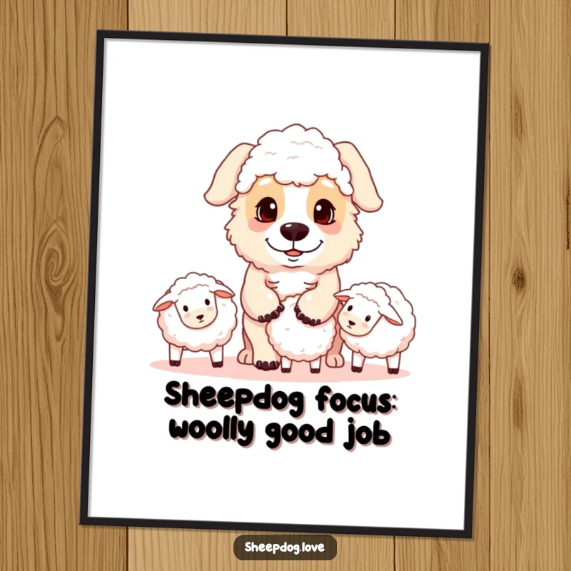 Funny free printable wall art: A playful sheepdog with a determined gaze rounds up a few sheep, bringing focus and humor.