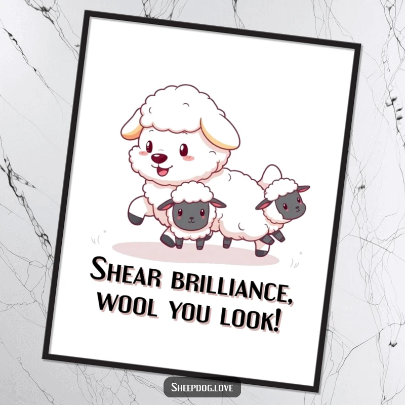 Funny free printable wall art! A fluffy sheepdog playfully herding tiny, bouncing sheep in a charming scene.