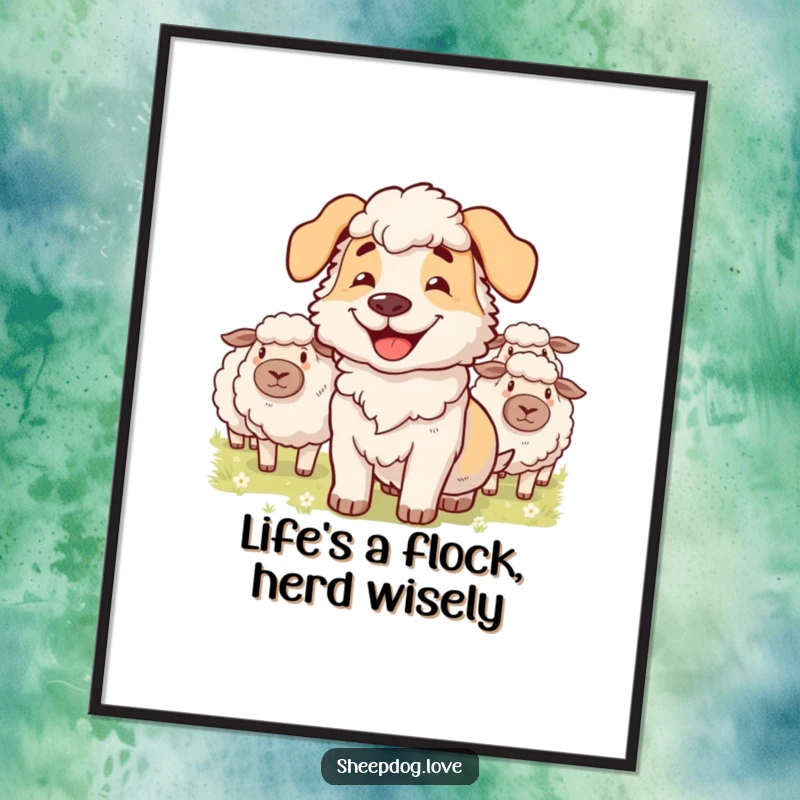 Funny Free Printable Wall Art: A grinning sheepdog expertly herding a flock of fluffy sheep with canine concentration.