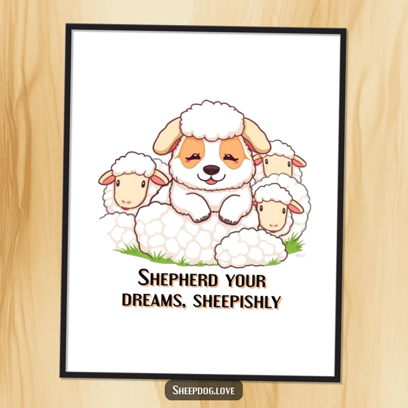 Funny Free Printable Wall Art: A contented sheepdog resting peacefully among its flock, a charming and humorous downloadable art piece.