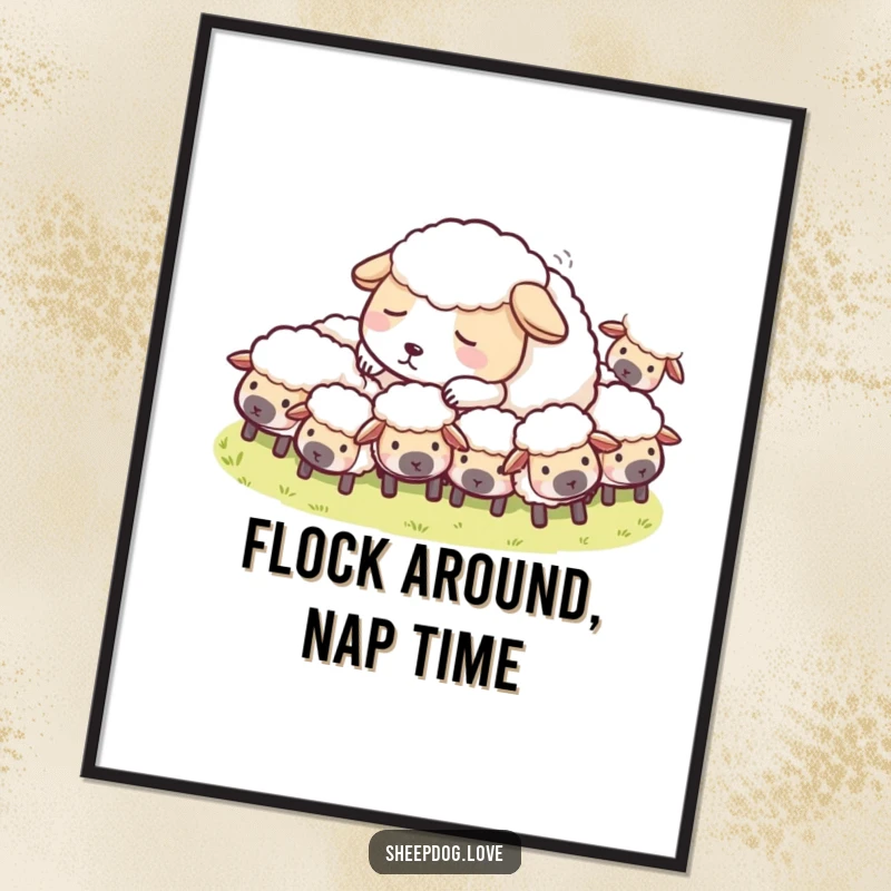 Funny Free Printable Wall Art featuring a sheepdog peacefully napping amongst its flock, providing a humorous and tranquil scene.