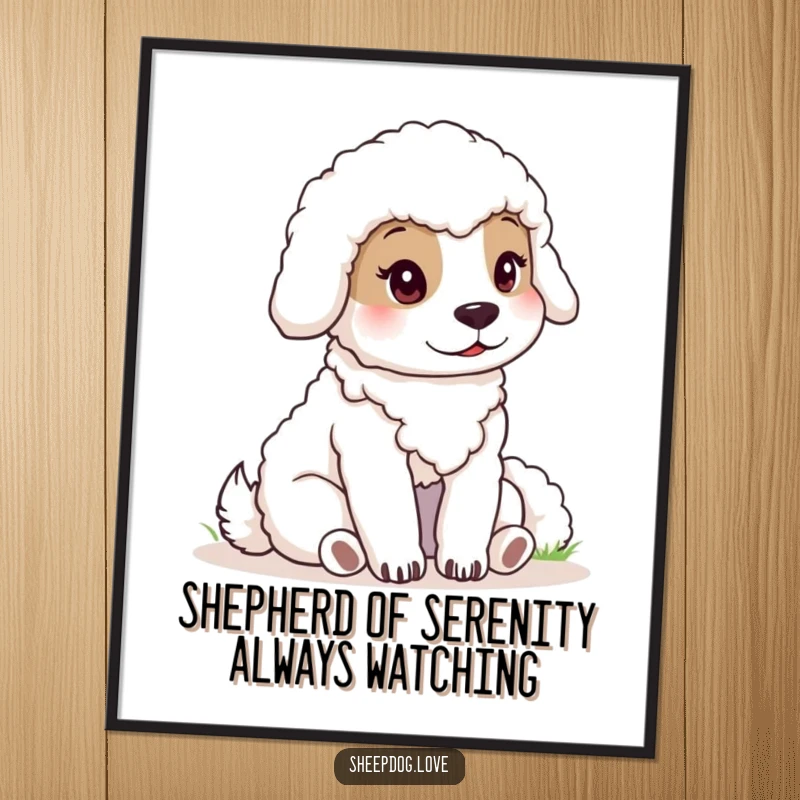 Funny Free Printable Wall Art: A calm sheepdog sitting stoically, overseeing sheep with a gentle, watchful gaze.