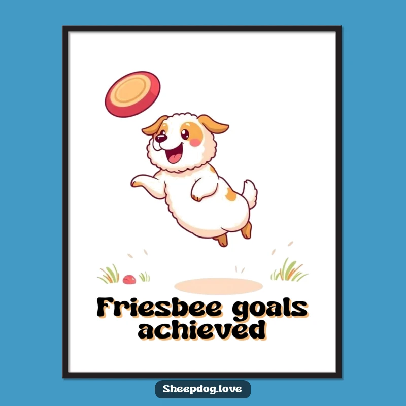 Funny Free Printable Wall Art: Determined Sheepdog Frisbee Star, Downloadable Dog Art for Home Decor