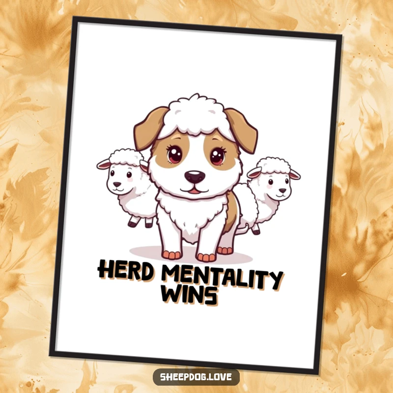 Funny Free Printable Wall Art: A determined sheepdog expertly guiding a line of sheep, playful and humorous wall decor.