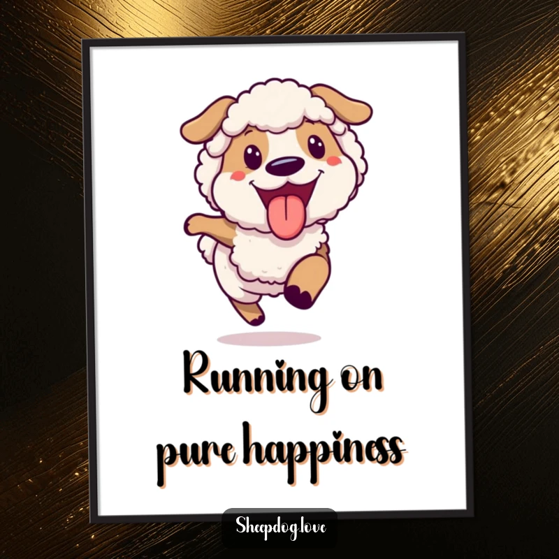 Funny Free Printable Wall Art: A happy sheepdog with tongue out, running joyfully, perfect for dog decor.