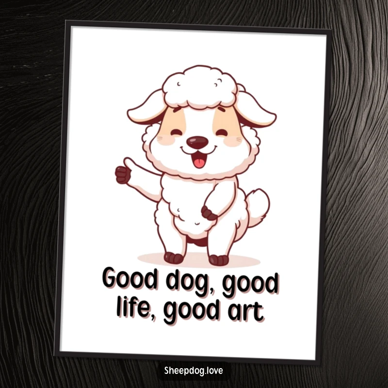 Funny Free Printable Wall Art: A proud sheepdog with a wagging tail embodies loyalty and the joy of accomplishment.