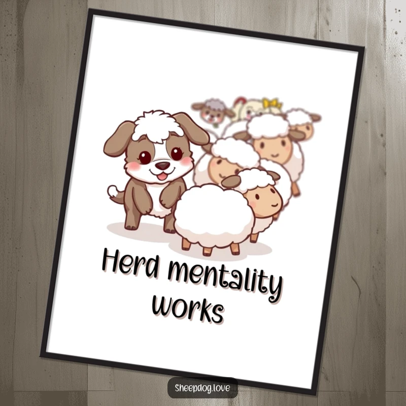 Funny Free Printable Wall Art: A sheepdog's playful nudge ensuring a stray sheep rejoins the flock safely.